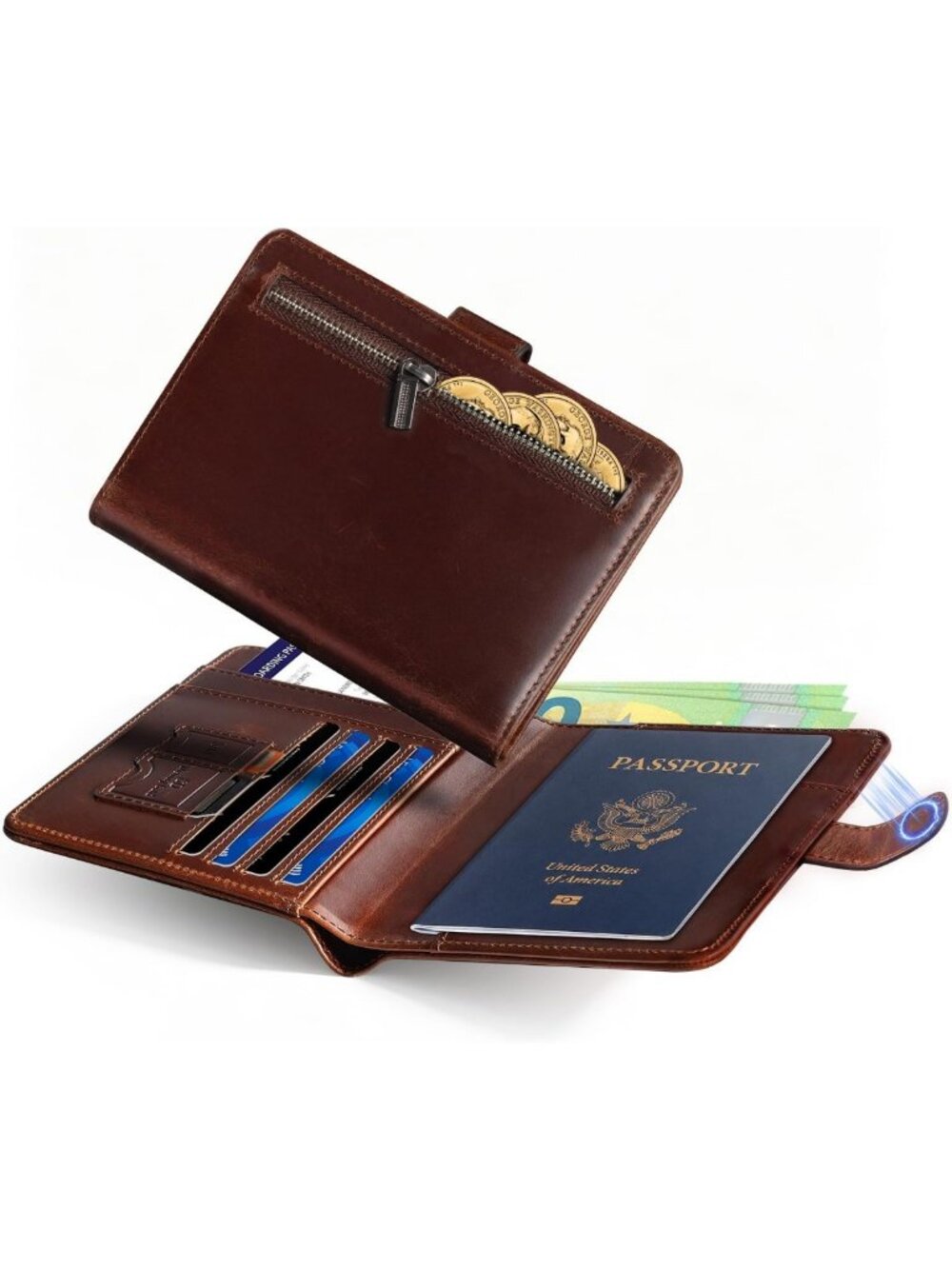 RFID Blocking Leather Passport Holder - Slim Bi-fold Travel Wallet for Men